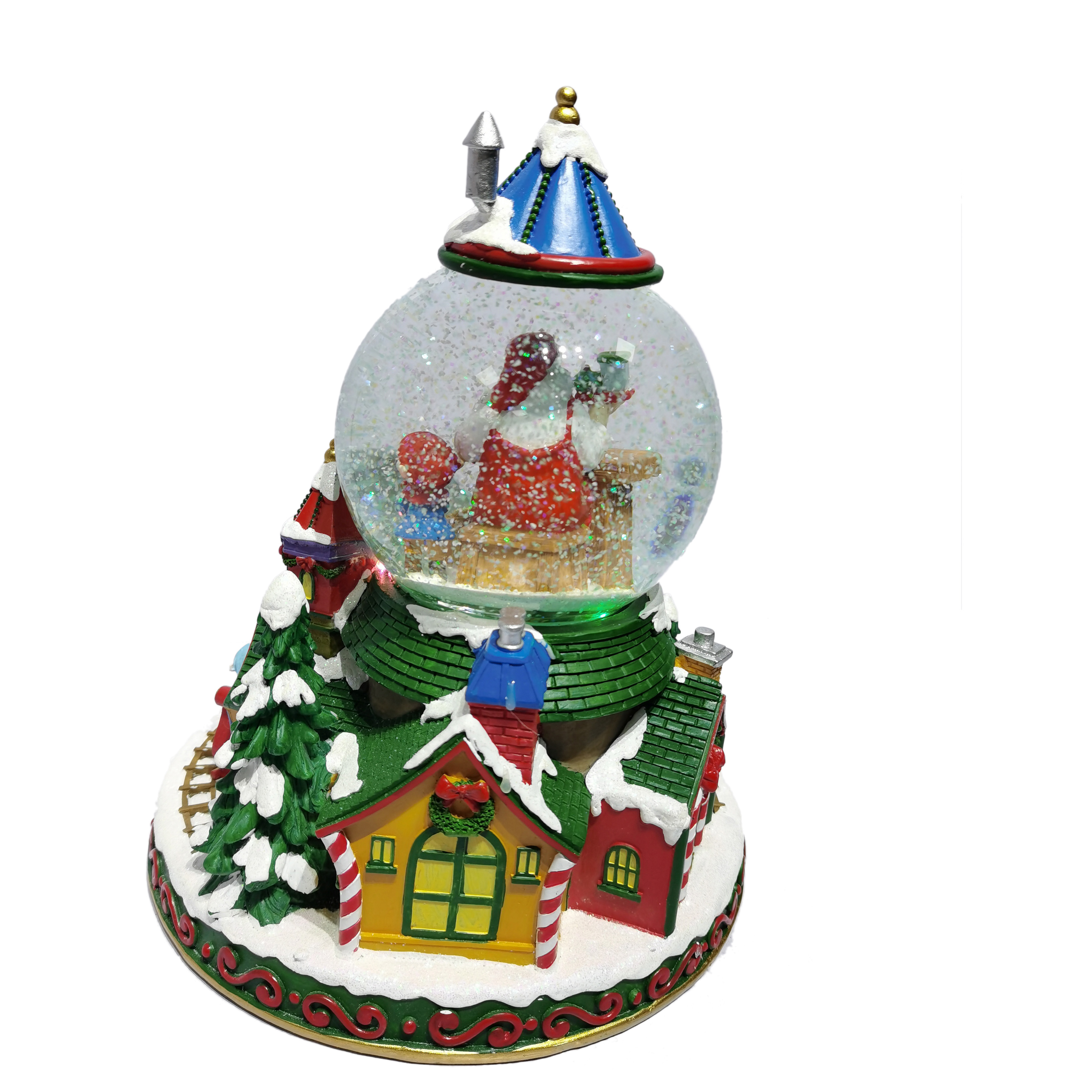Globo de nieve de Navidad de pueblo iluminado colorido giratorio personalizado de resina con música para decoración de festivales