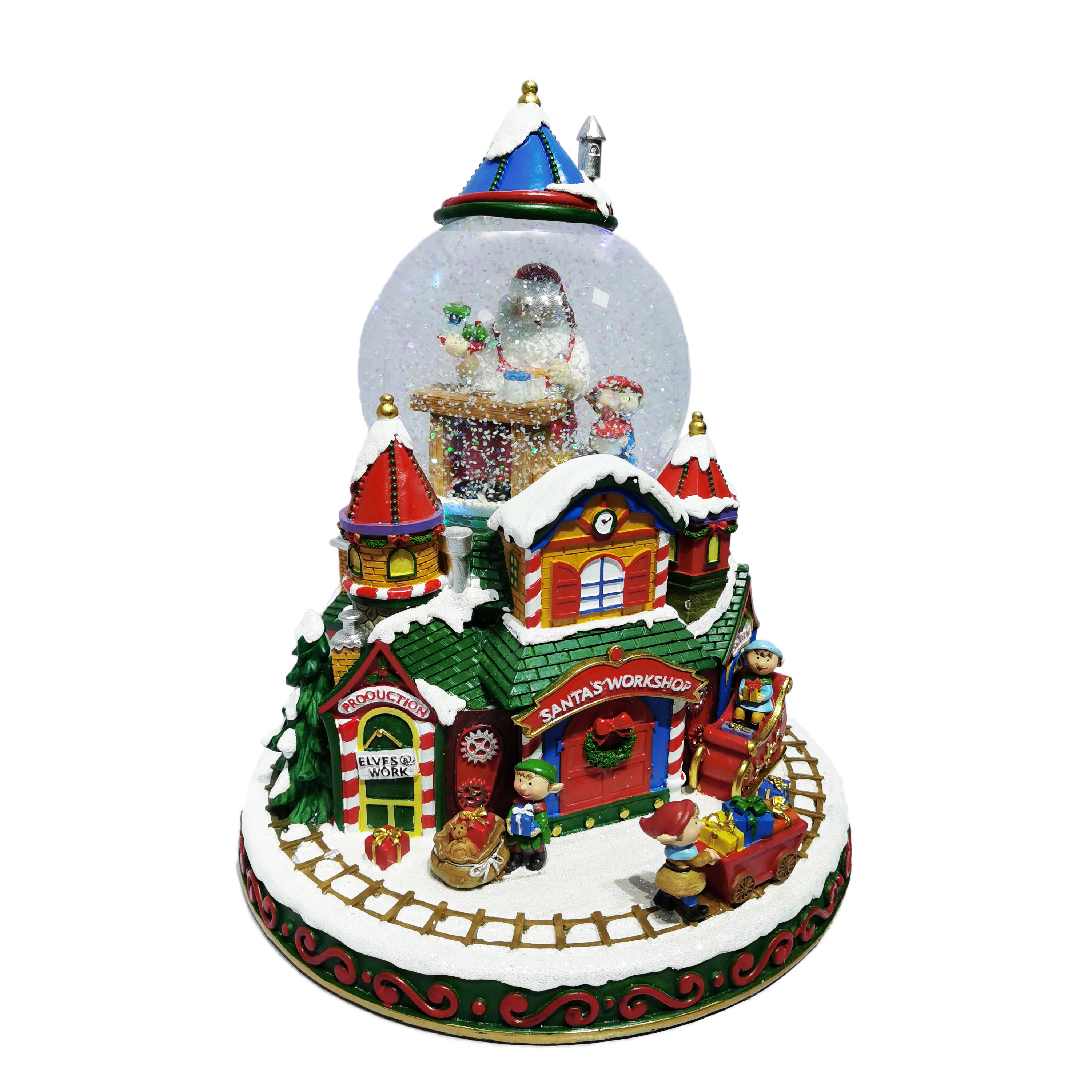 Globo de nieve de Navidad de pueblo iluminado colorido giratorio personalizado de resina con música para decoración de festivales
