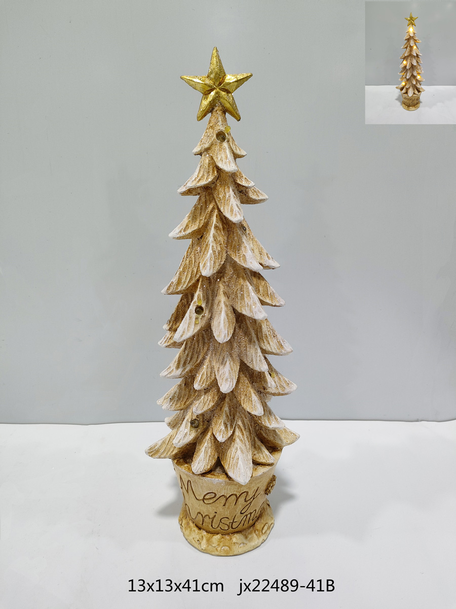 Estatua de jardín con luz LED, árbol de Navidad de resina de 17 pulgadas, decoración de Navidad, conjunto de árbol nevado lavado